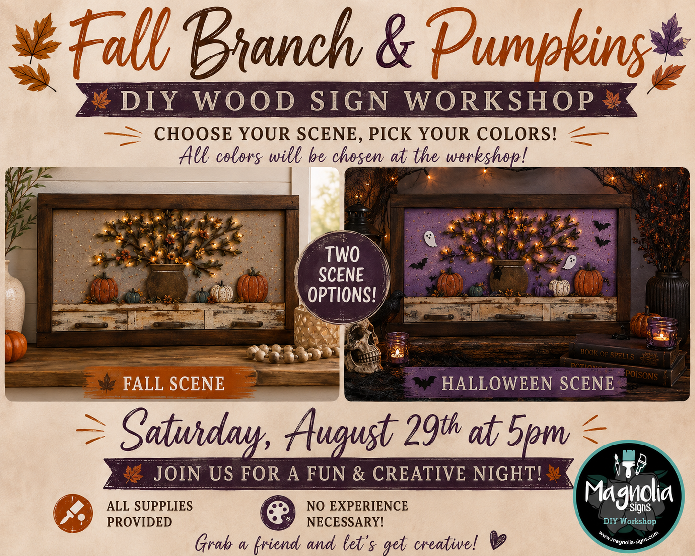 Lighted Fall Branch and Pumpkins Wood Sign Workshop